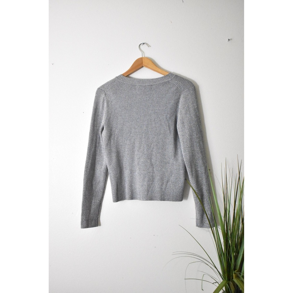 Classiques Entier Cardigan Sweater Women L Silver Y2K Metallic Ribbed V-Neck - Picture 7 of 9